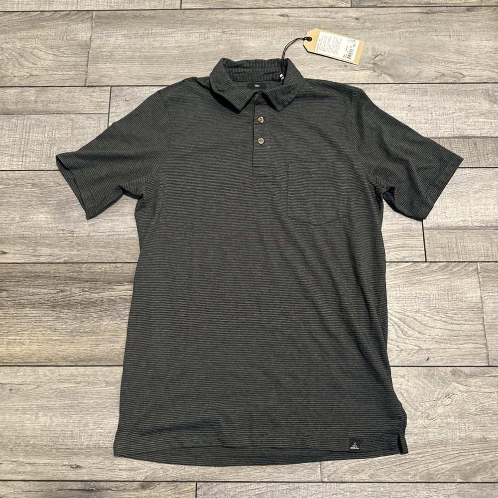 prAna Polo Shirt Mens Black Striped Breathe Pocket Short Sleeve Sz XS Tall New